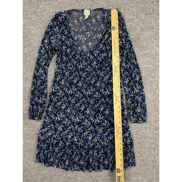 ASOS Dress Womens 4 Black Blue Floral Long Sleeve V Neck Mini Pleated Stretch - Picture 3 of 6